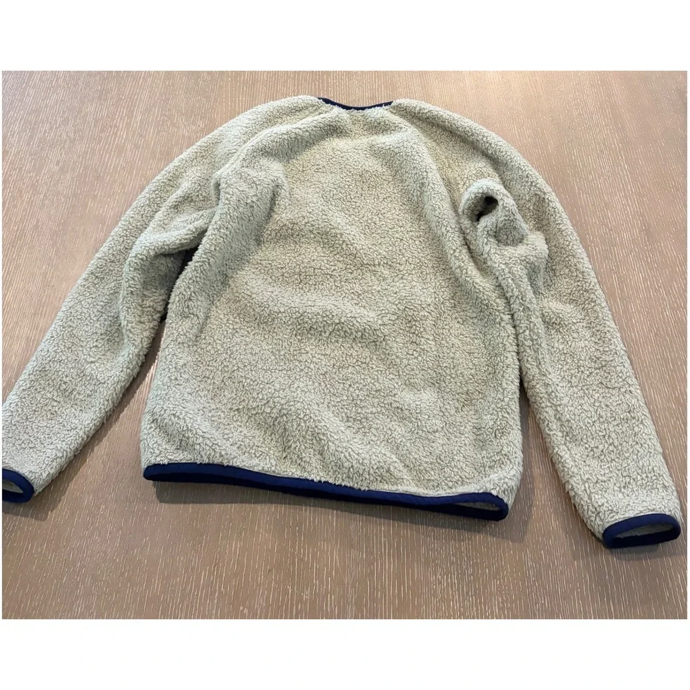 Patagonia Men's Medium Los Gatos Cream Sherpa Fleece Crewneck Pullover Navy Trim